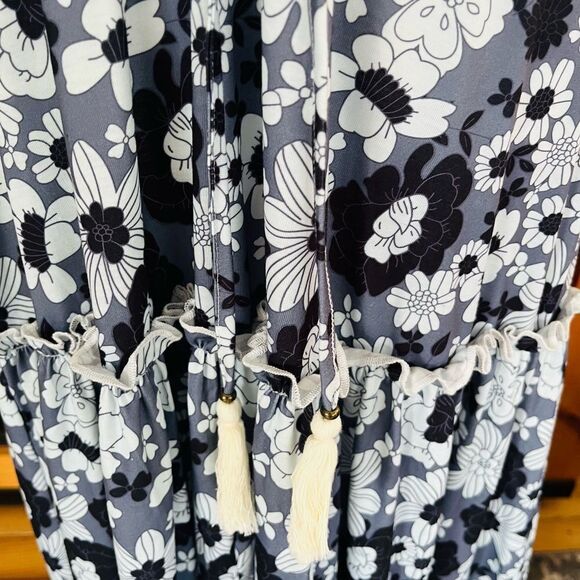 MAHLI the Label black/white/gray floral button front drawstring tie maxi size S - Picture 4 of 11